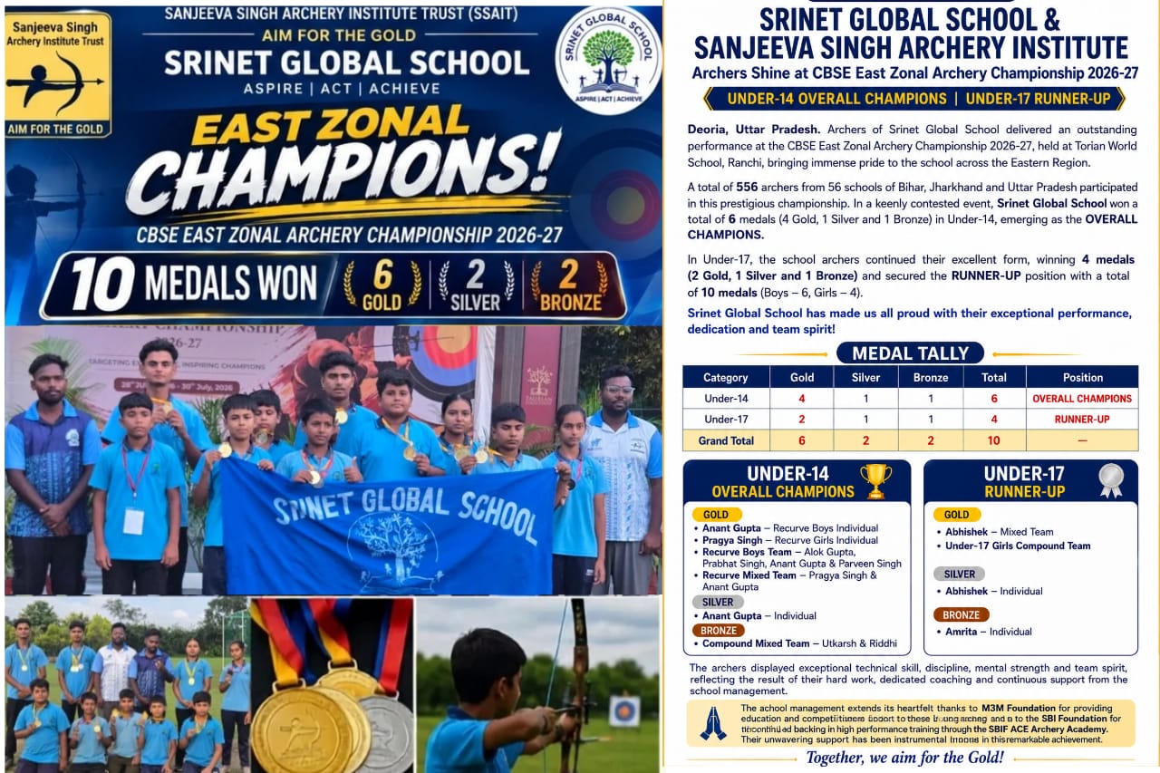 Srinet Global School and SSAIT archers celebrating 10 medals at the CBSE East Zone Archery Championship 2026-27