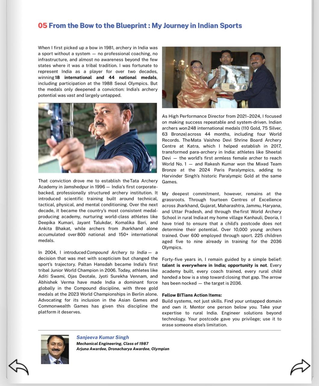 Published article - From the Bow to the Blueprint: My Journey in Indian Sports by Sanjeeva Kumar Singh
