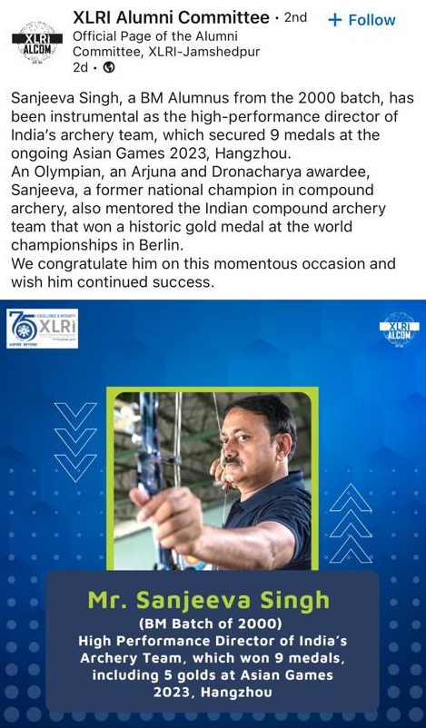 XLRI Alumni Committee post celebrating Sanjeeva Singh's archery achievements